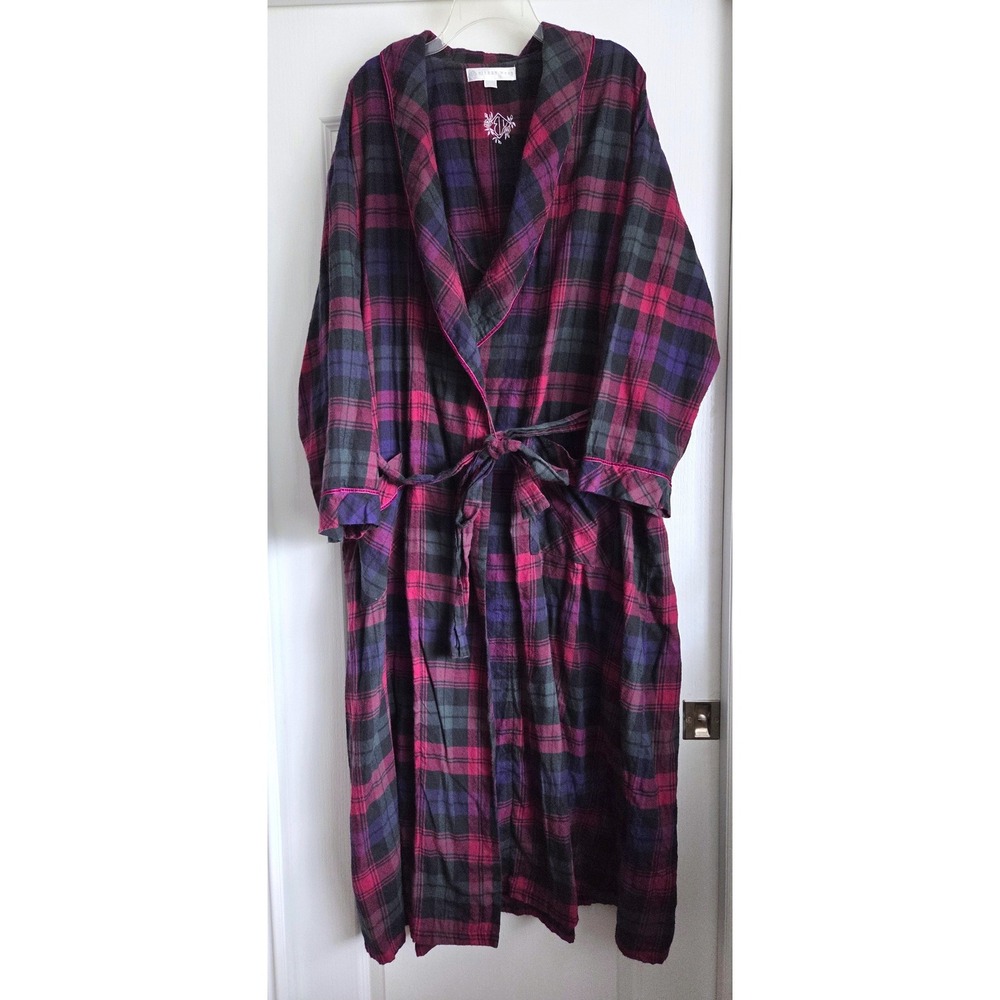 Eileen West Plaid Cotton Flannel Long Robe Red Purple Green Attch Tie Sz 1X
